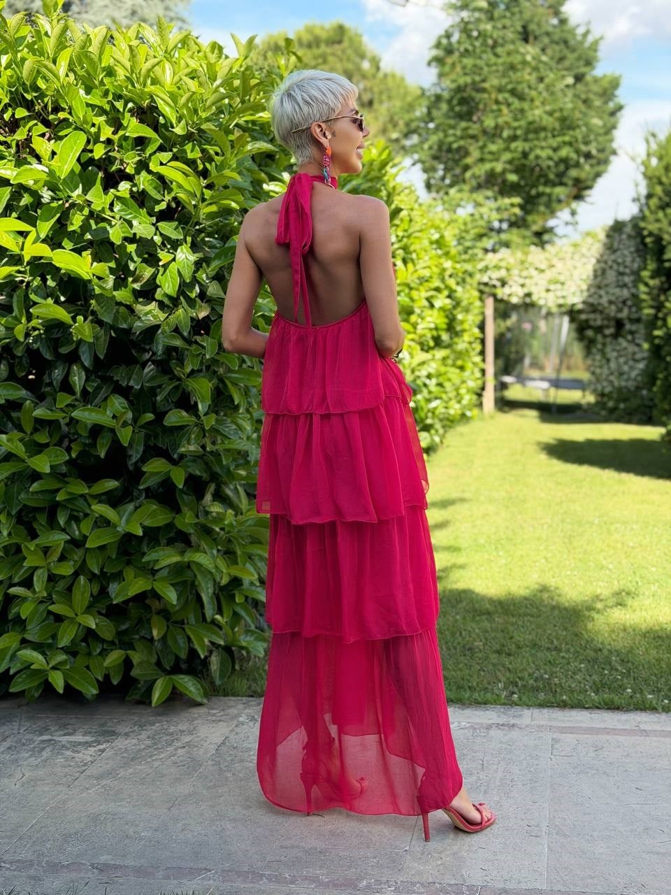 KIRMIZI MAGENTA ASKILI KAT KAT İPEK ELBİSE