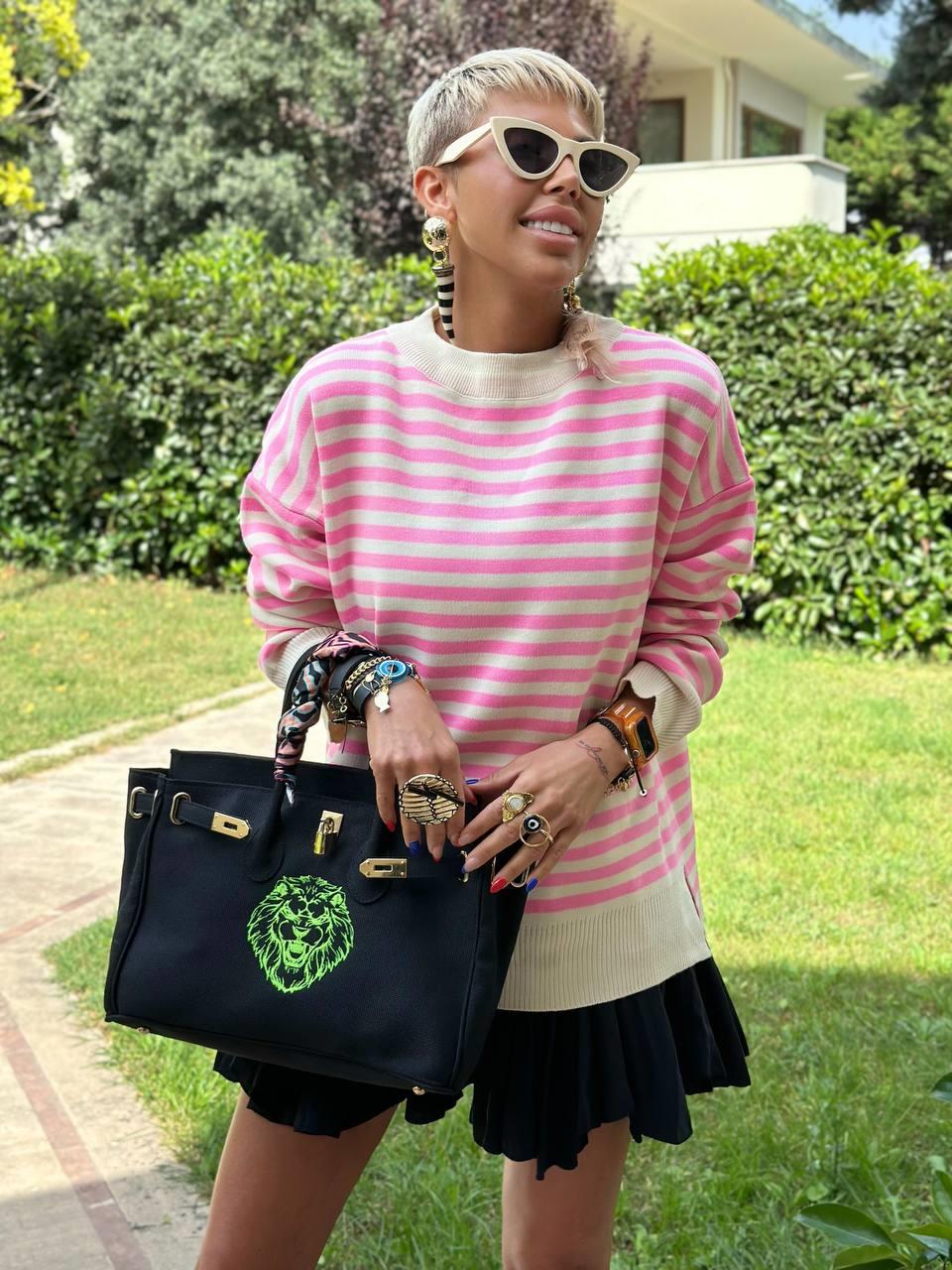 KREM PEMBE ÇİZGİLİ OVERSIZE TRİKO KAZAK