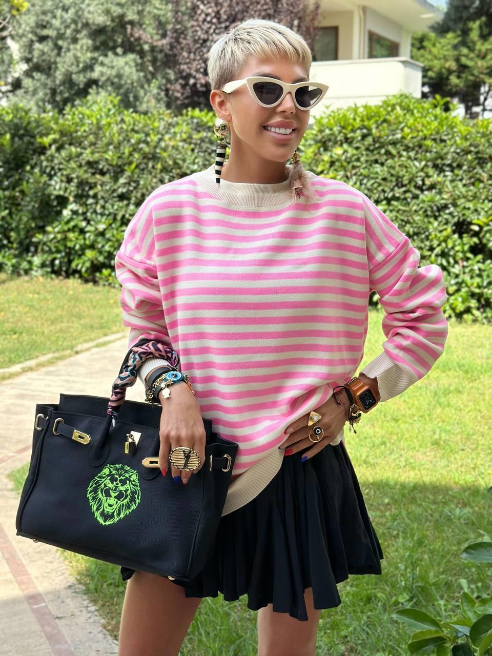 KREM PEMBE ÇİZGİLİ OVERSIZE TRİKO KAZAK