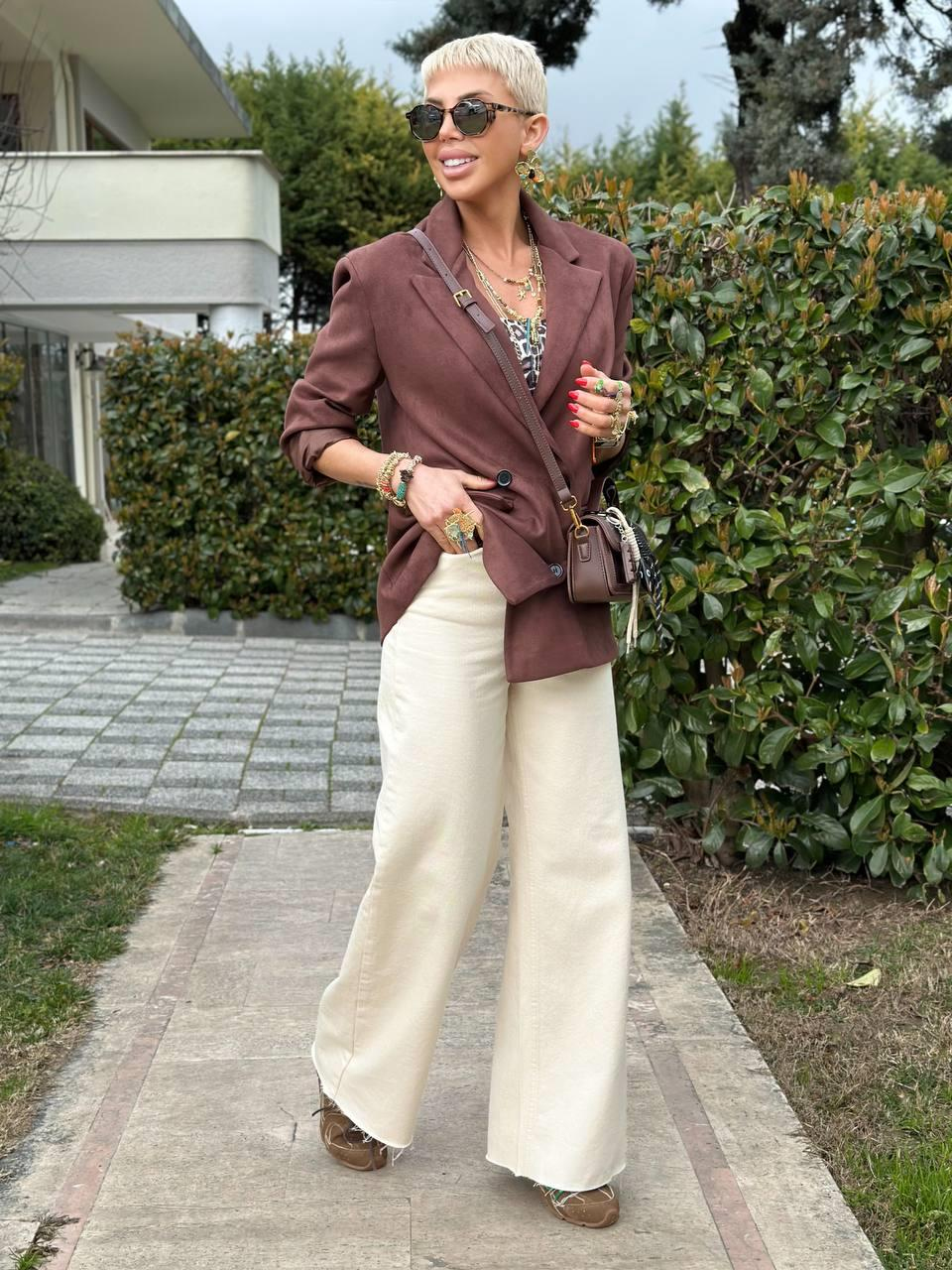 KREM YÜKSEK BEL NATURAL KESİM JEAN PANTOLON