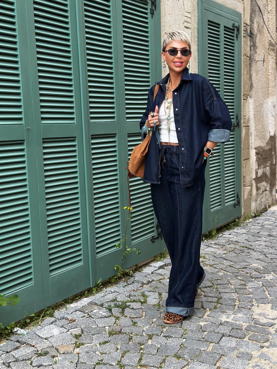 LACİVERT DENIM BELİ LASTİKLİ PANTOLON GÖMLEK TAKIM