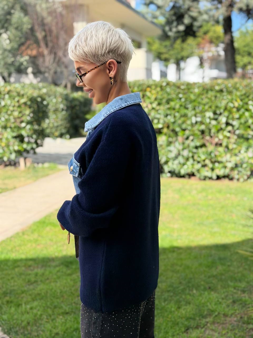 LACİVERT DENIM DETAY CEPLİ POLO YAKA TRİKO KAZAK 