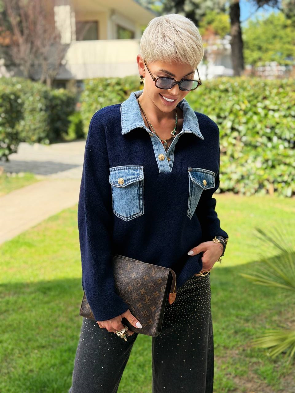 LACİVERT DENIM DETAY CEPLİ POLO YAKA TRİKO KAZAK 