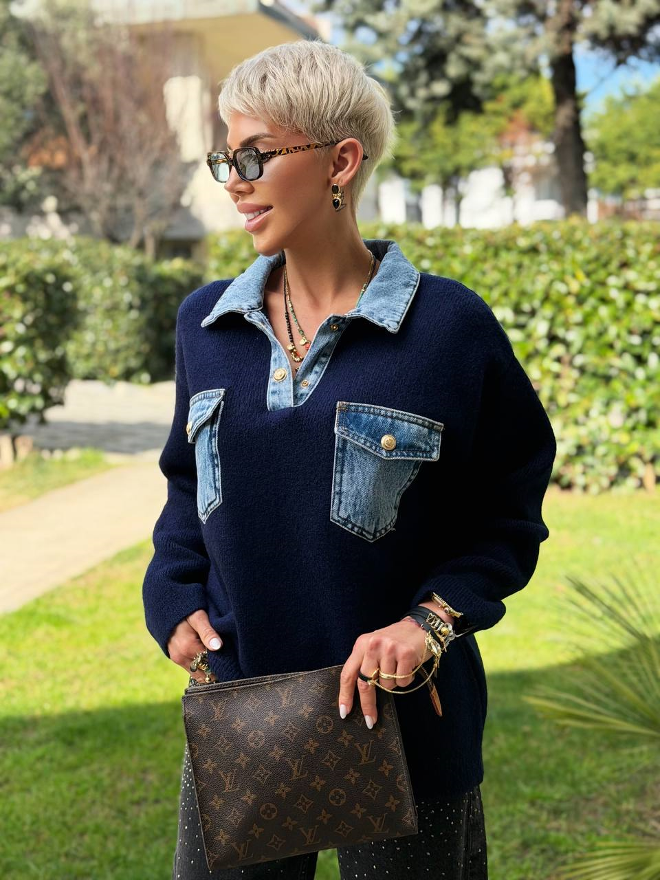 LACİVERT DENIM DETAY CEPLİ POLO YAKA TRİKO KAZAK 