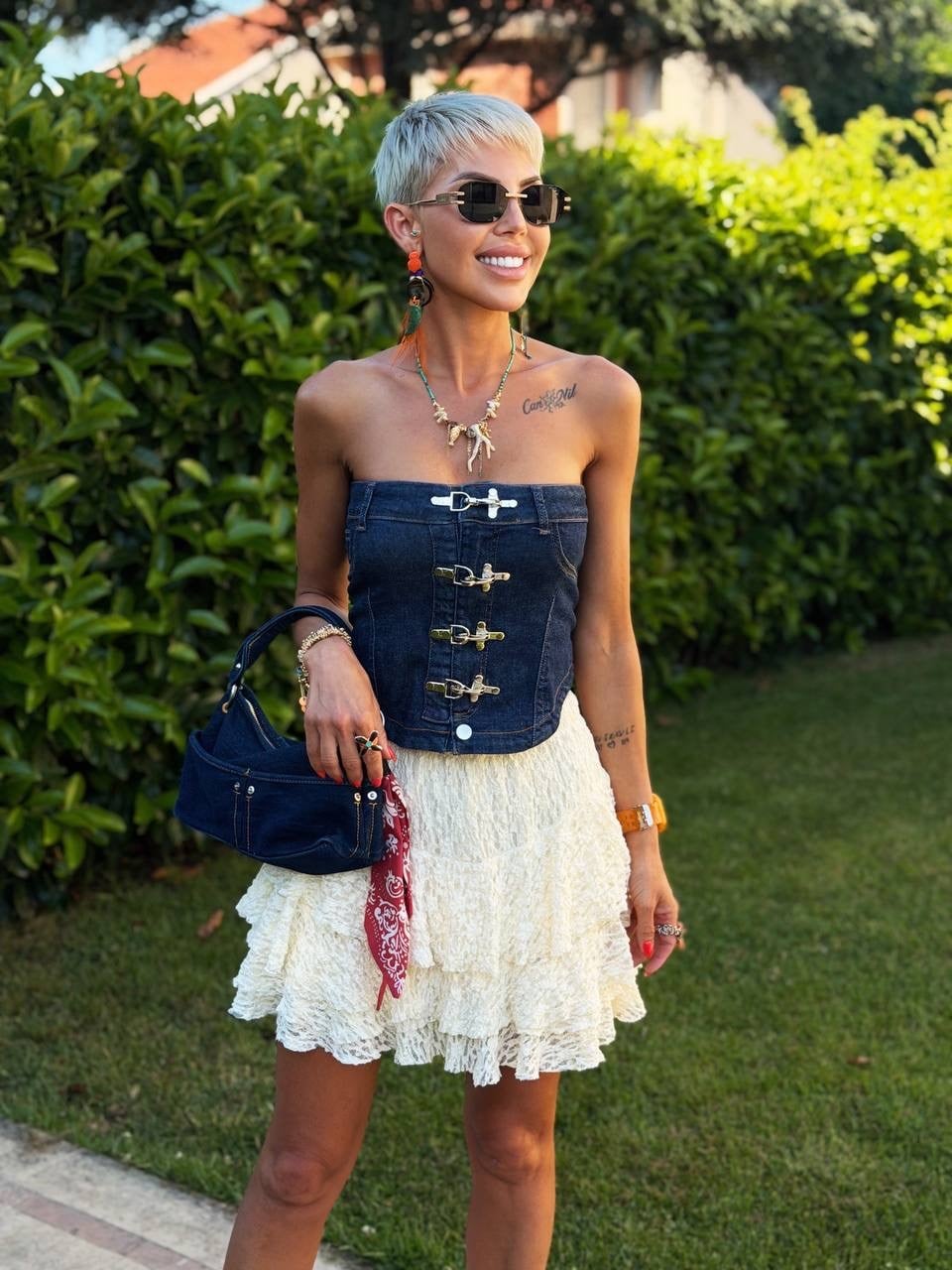 LACİVERT KANCALI DENIM CROP