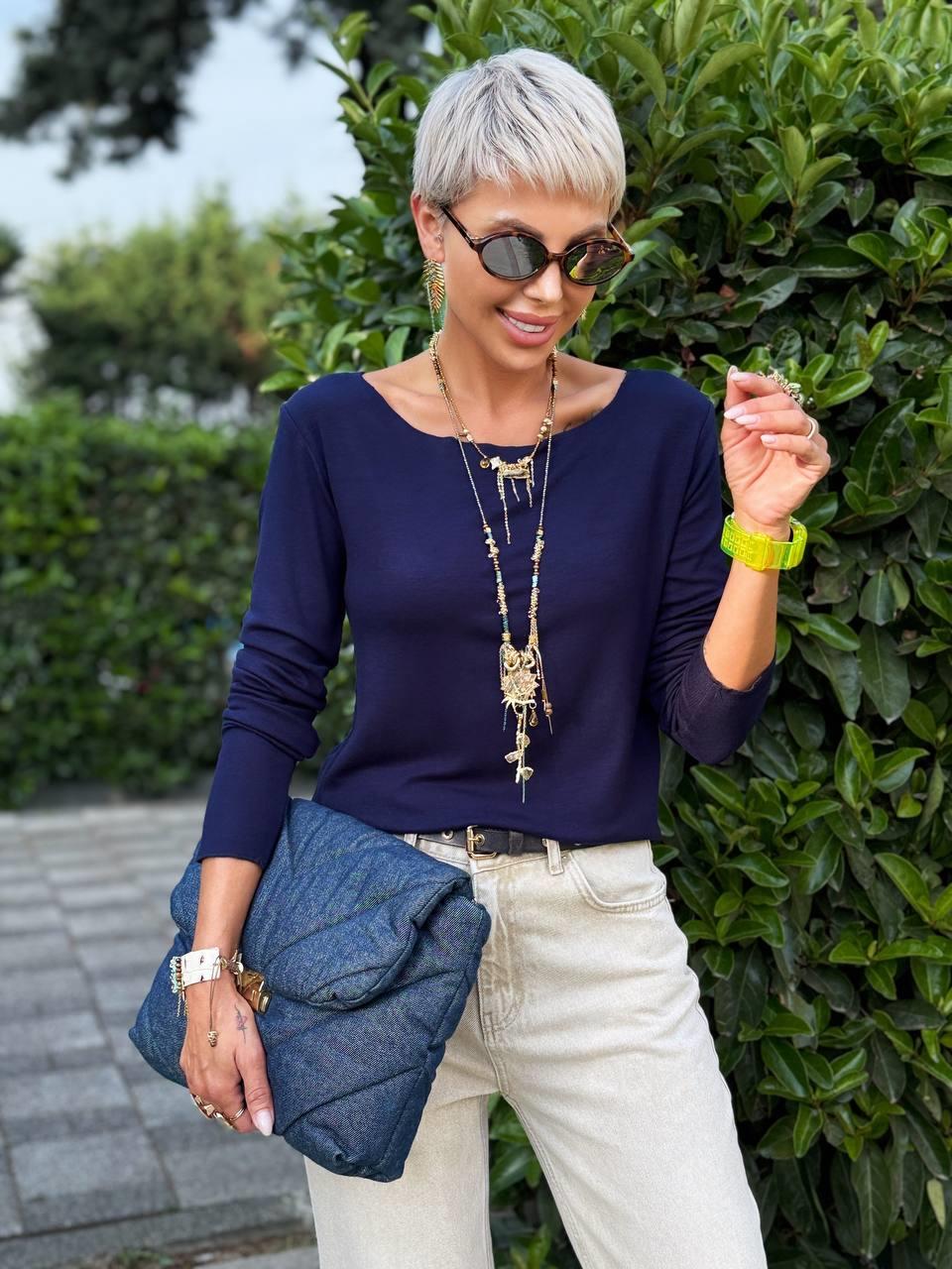 LACİVERT KAYIK YAKA PREMIUM BLUZ