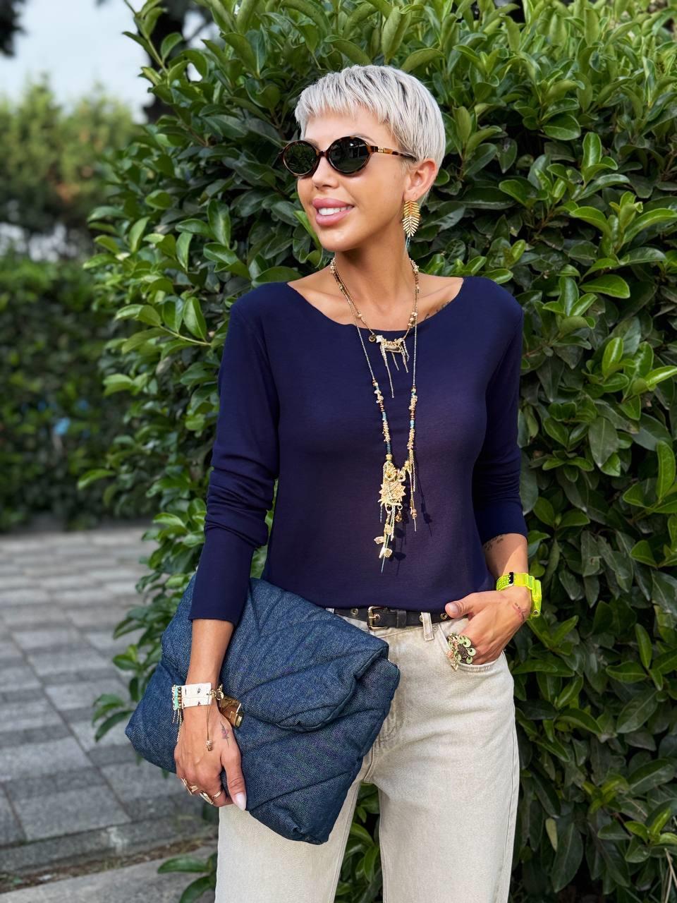 LACİVERT KAYIK YAKA PREMIUM BLUZ