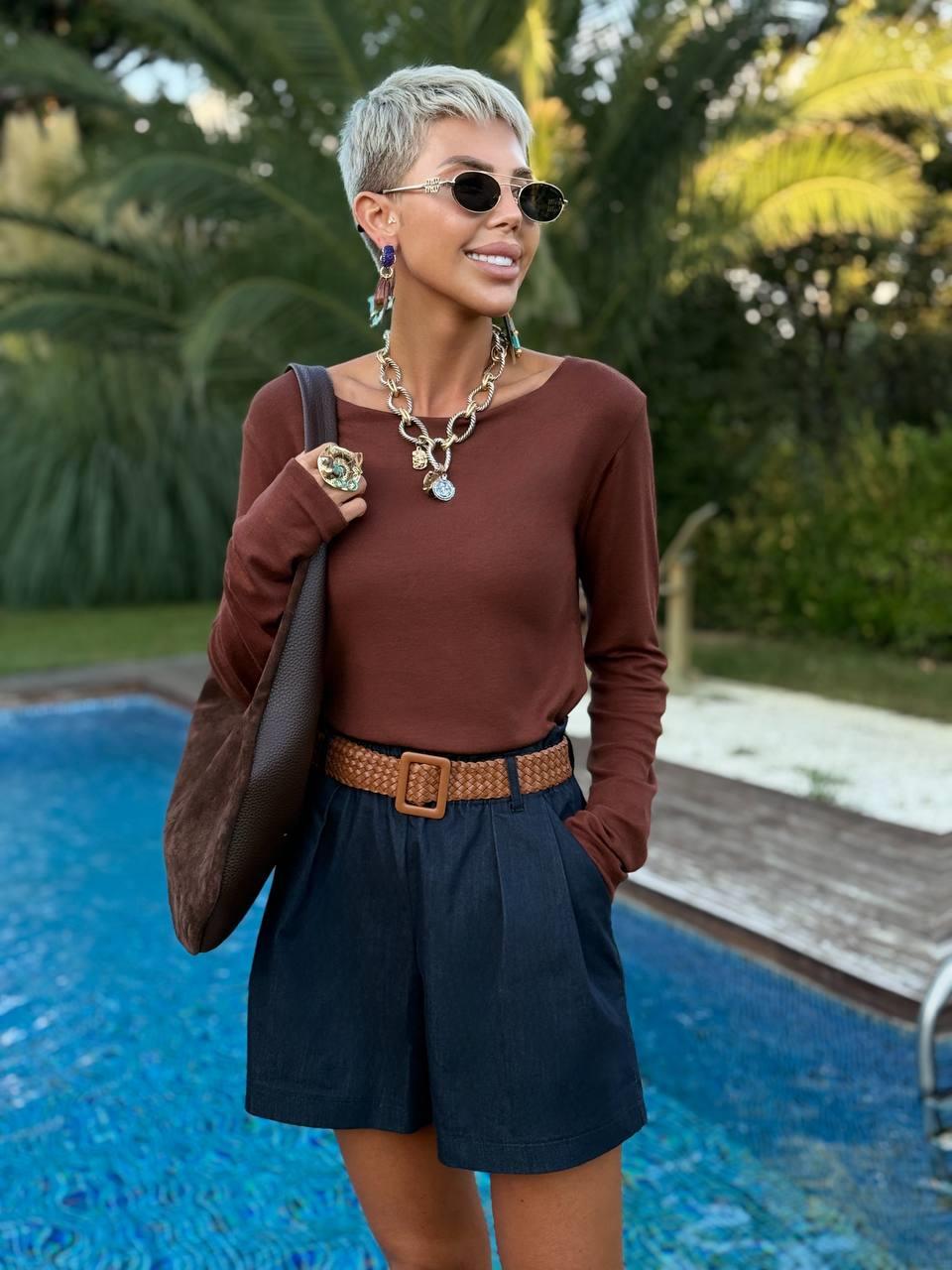 LACİVERT ÖRGÜ KEMERLİ ŞORT