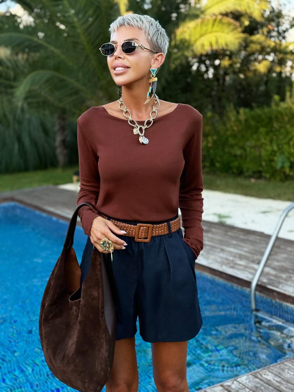 LACİVERT ÖRGÜ KEMERLİ ŞORT