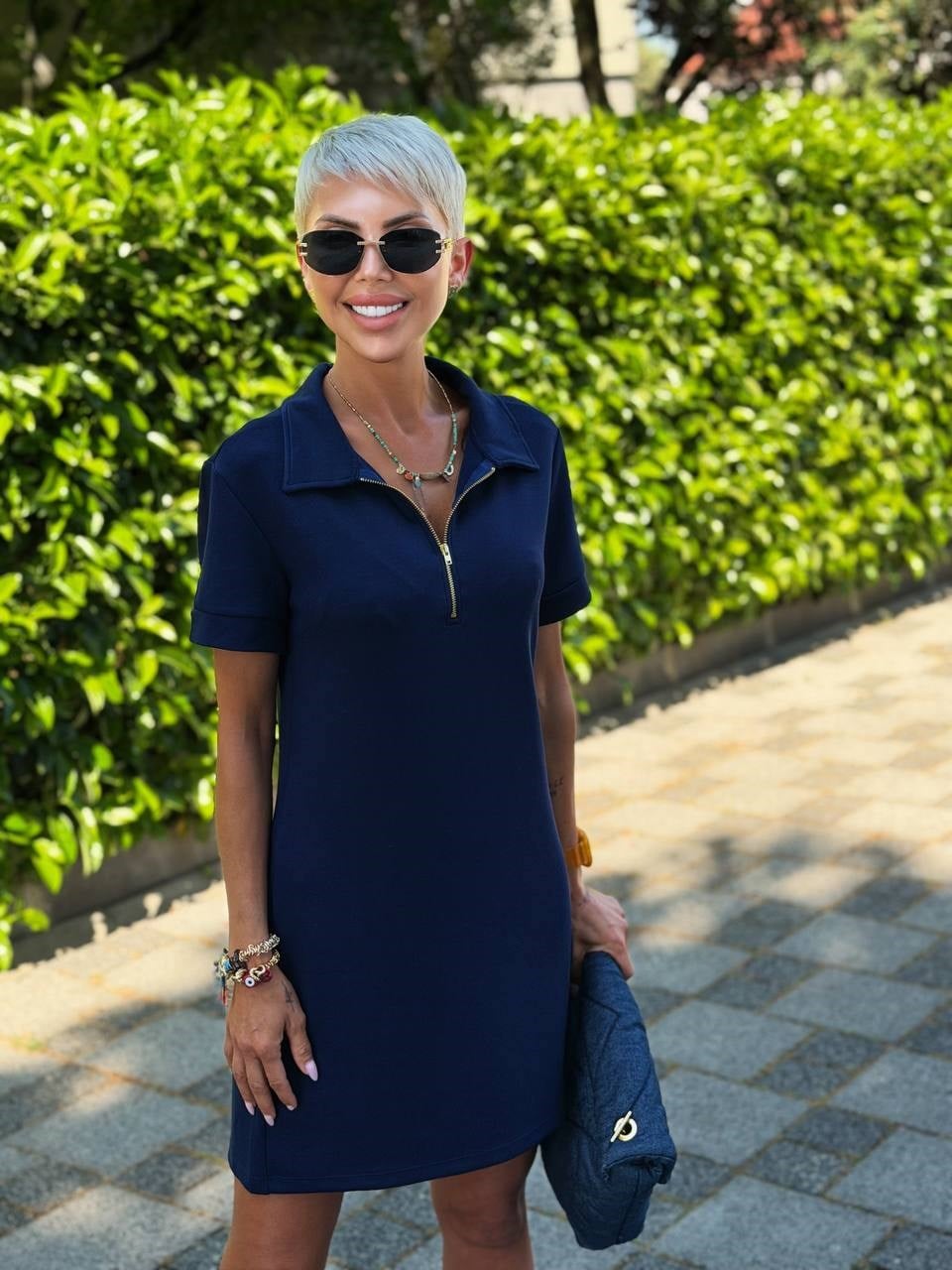 LACİVERT POLO YAKA MODAL ELBİSE