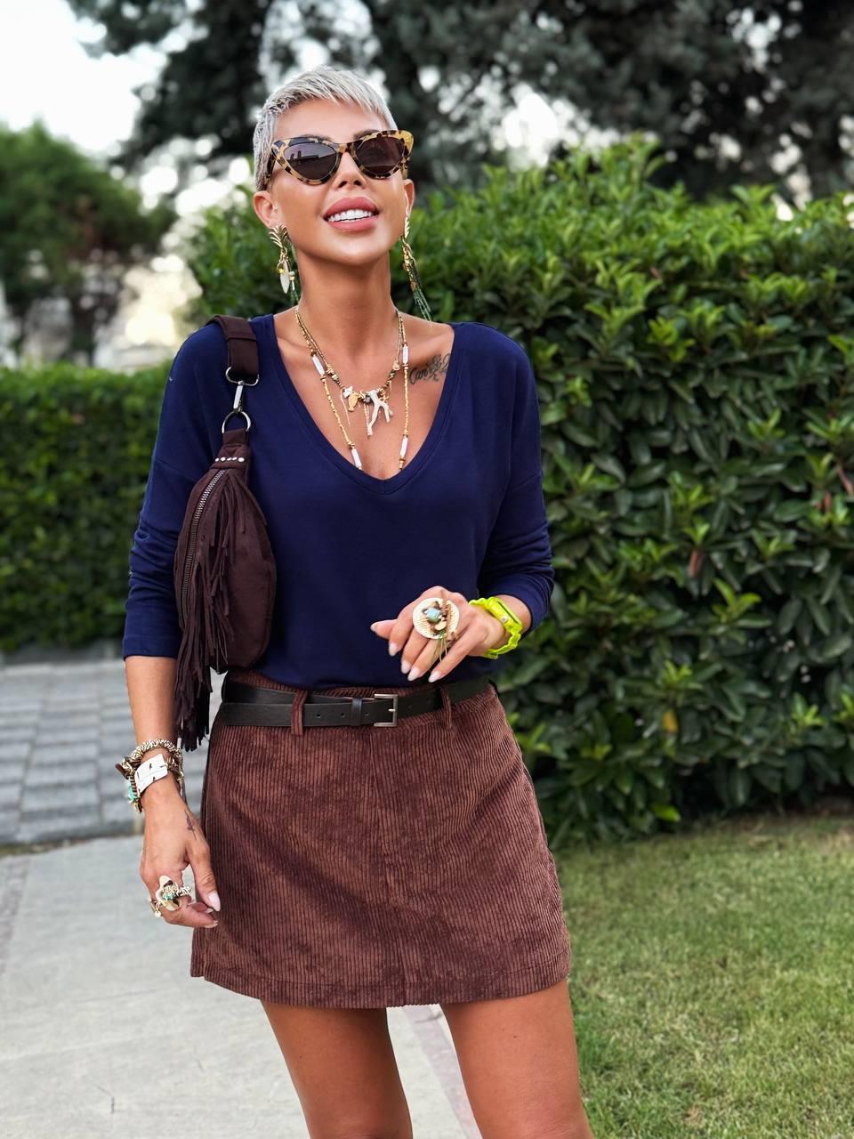 LACİVERT S.STUDIO DERİN V YAKA PREMIUM BLUZ 