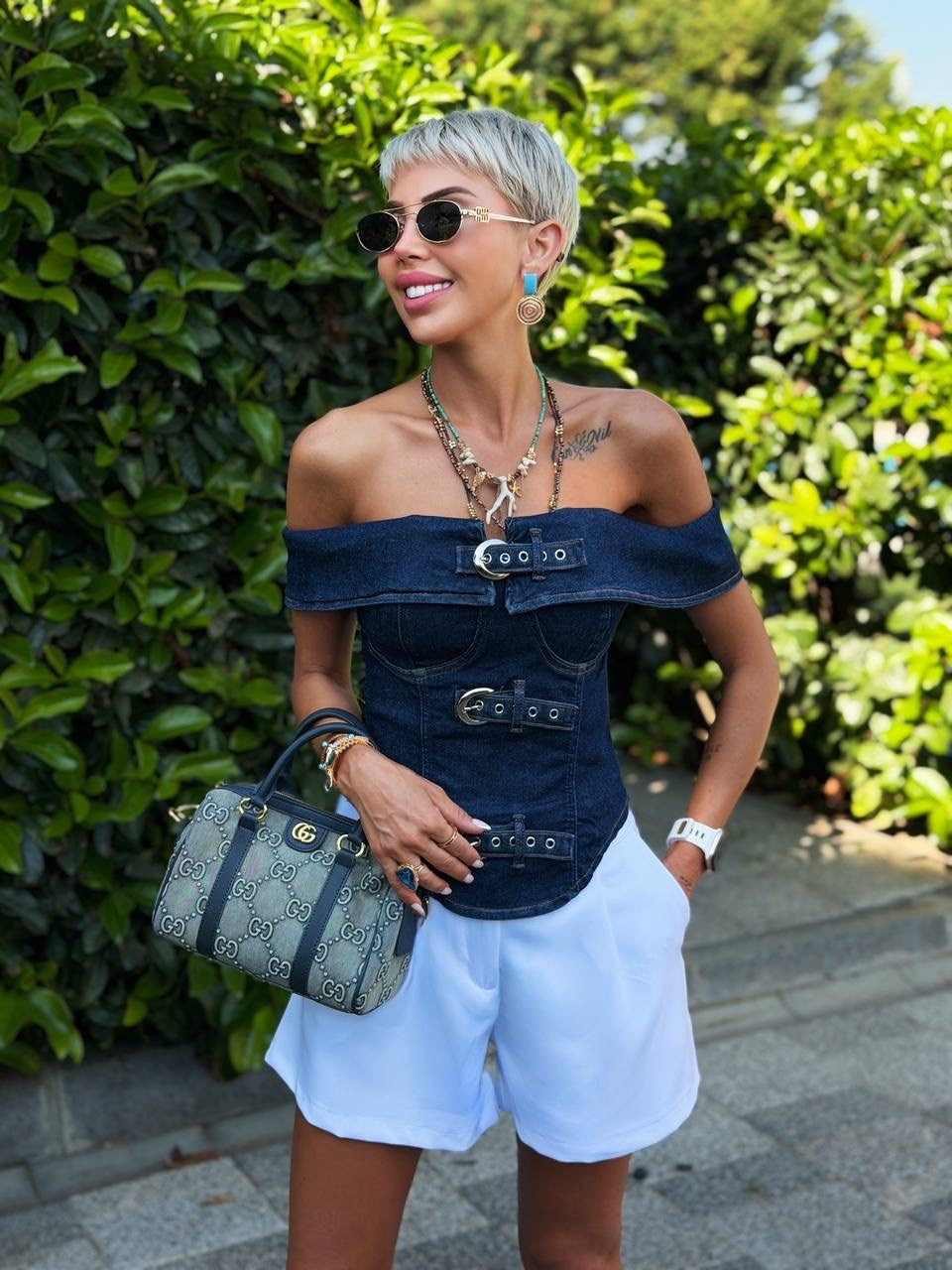 LACİVERT SIRT FERMUARLI KEMER DETAY DENIM BÜSTİYER