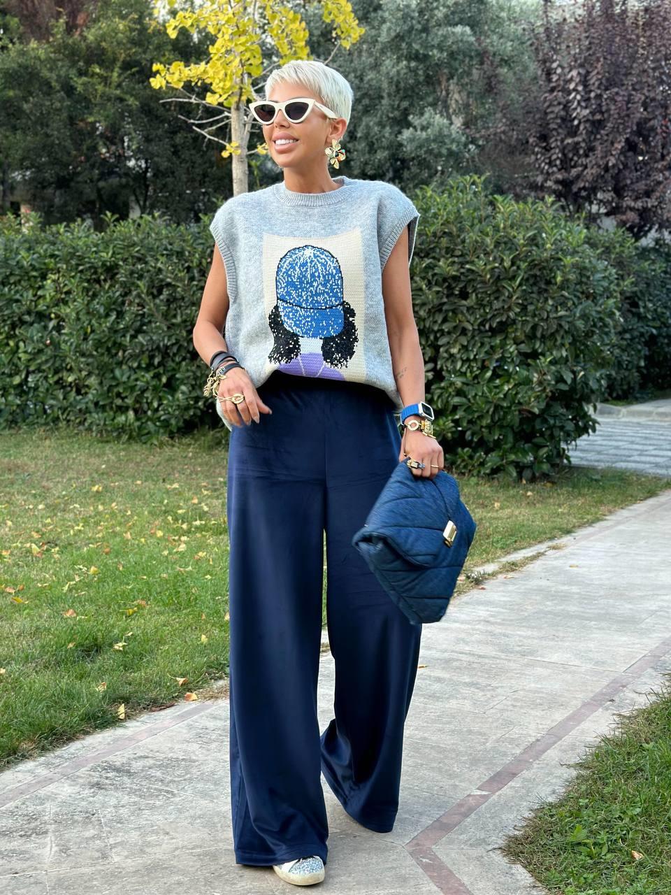 LACİVERT YÜKSEK BEL KADİFE PALAZZO PANTOLON 