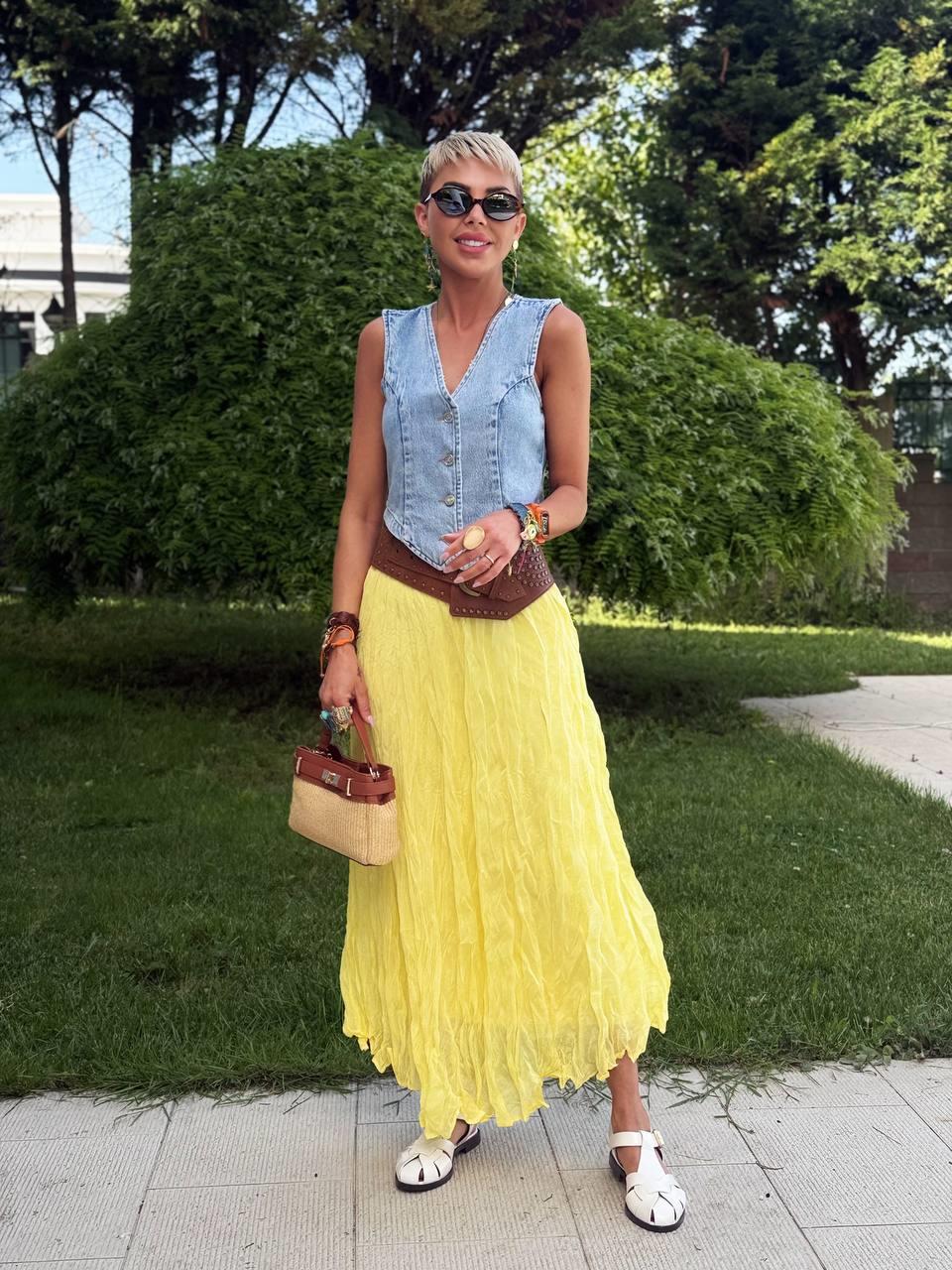 LİMON RENK KIRIŞIK MİDİ ETEK