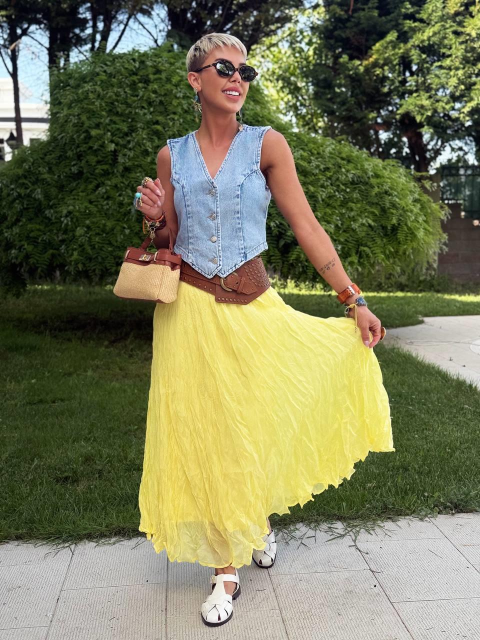 LİMON RENK KIRIŞIK MİDİ ETEK