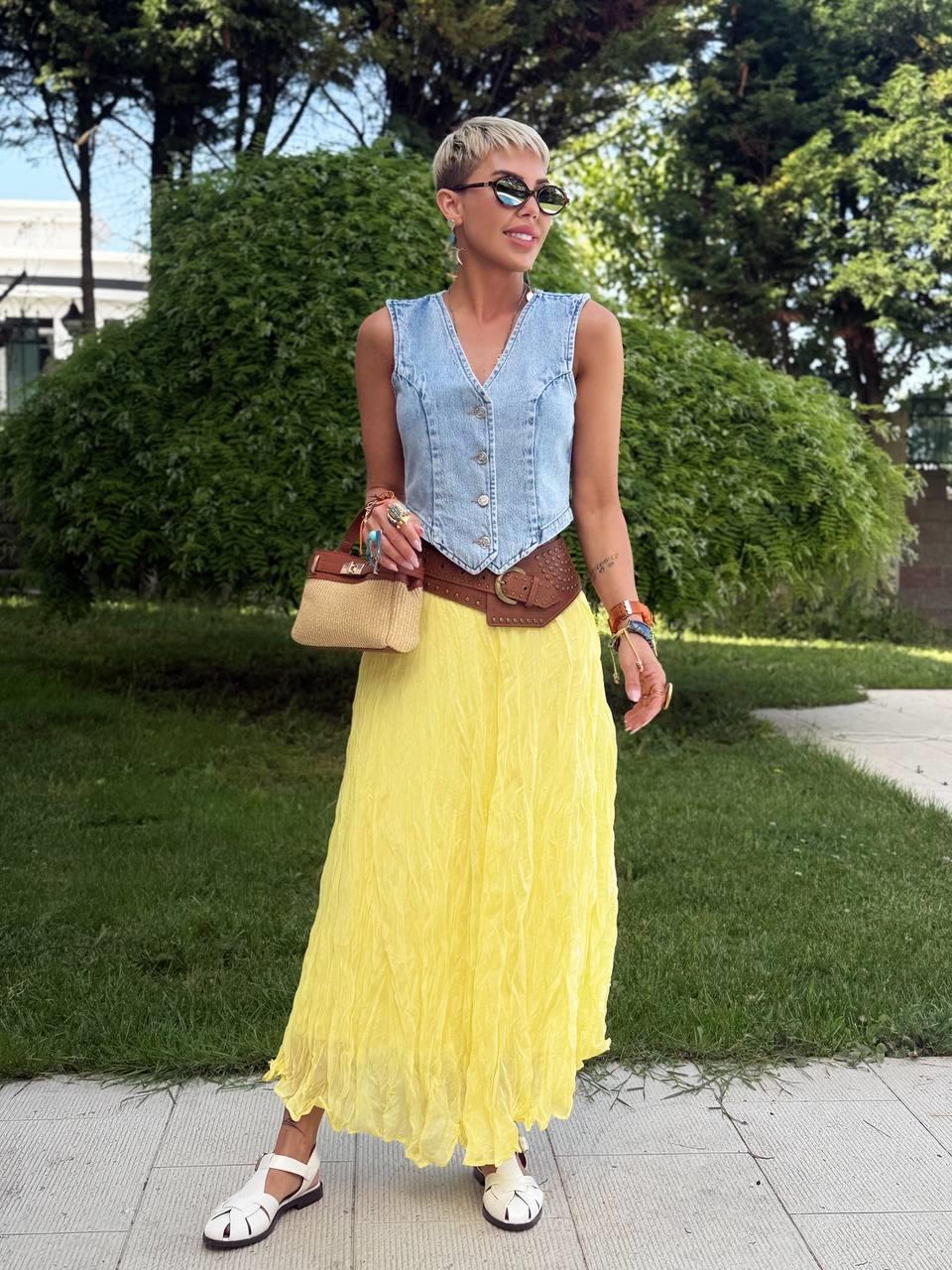 LİMON RENK KIRIŞIK MİDİ ETEK