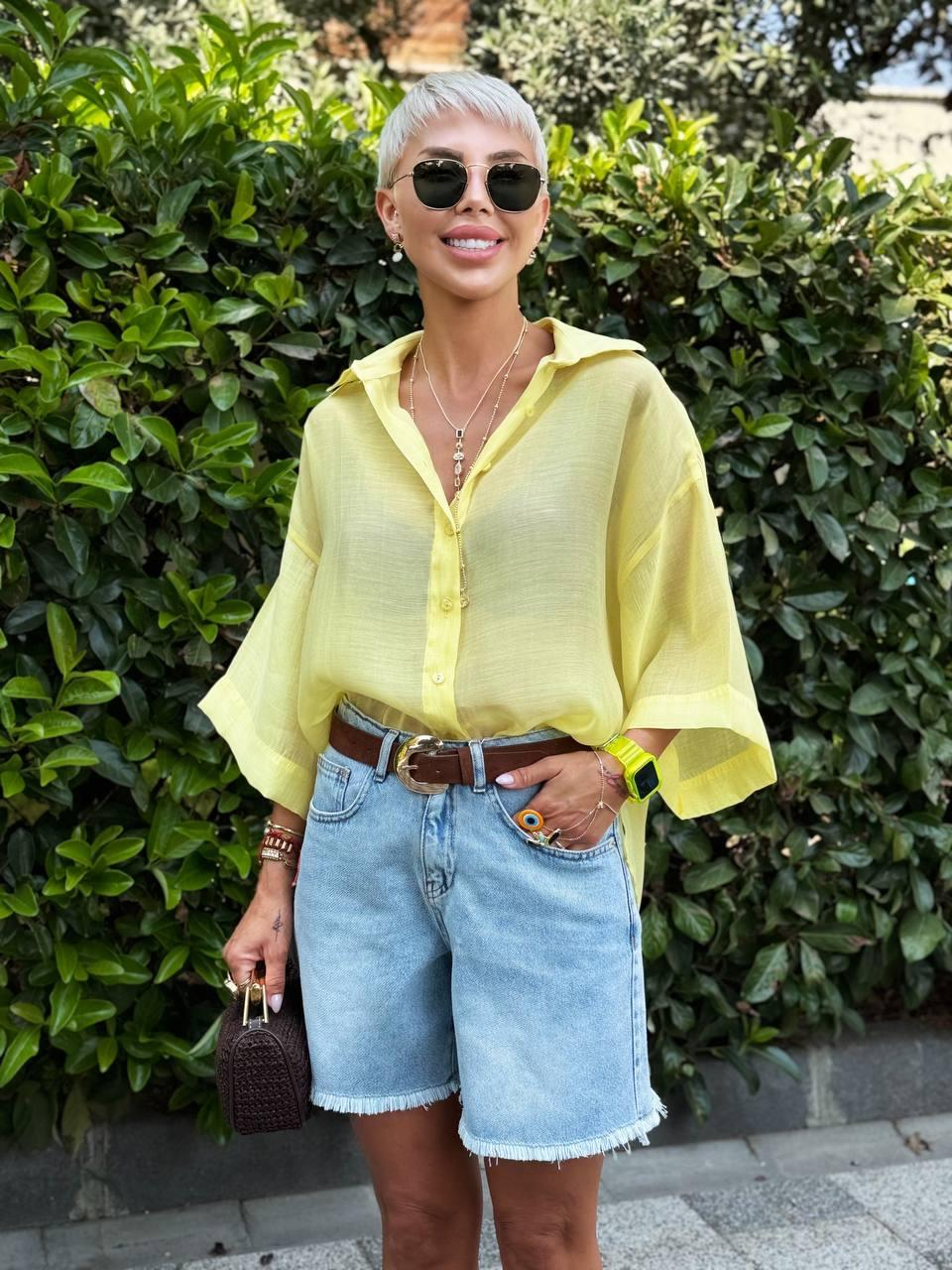 LİMON SARISI OVERSIZE İPEKSİ GÖMLEK