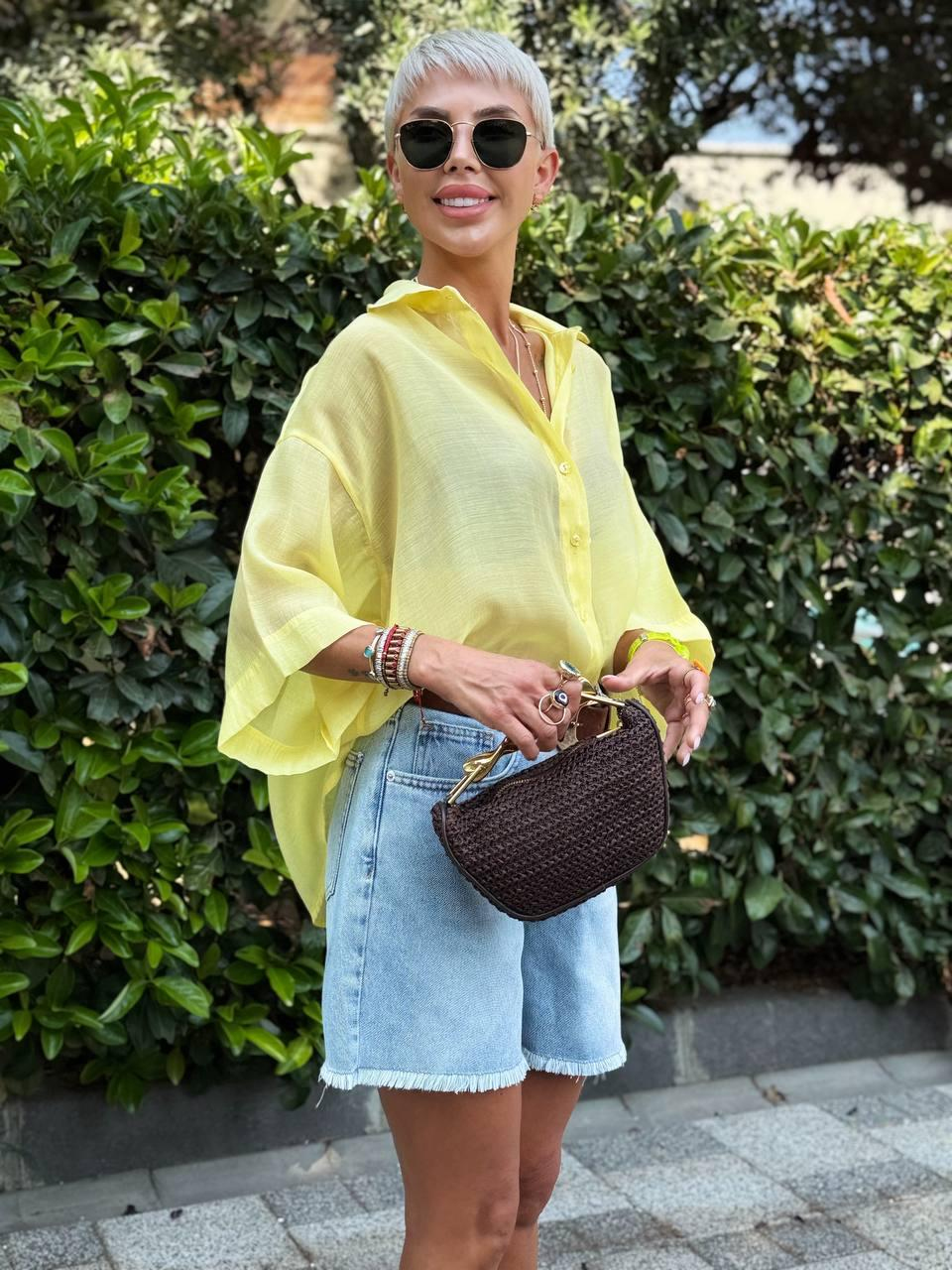 LİMON SARISI OVERSIZE İPEKSİ GÖMLEK