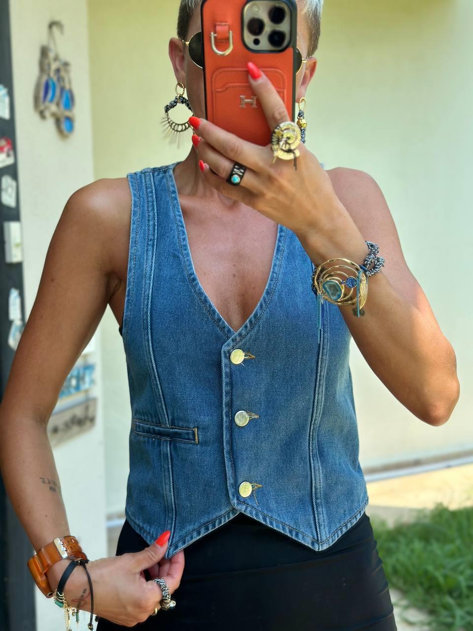 MAVİ CEP GÖRÜNÜMLÜ DENIM YELEK
