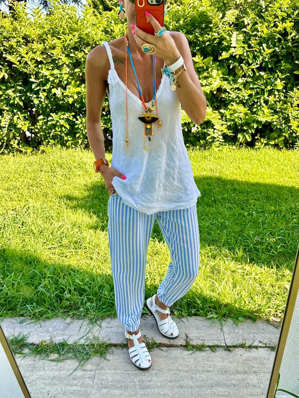 MAVİ ÇİZGİLİ KETEN JOGGER PANTOLON