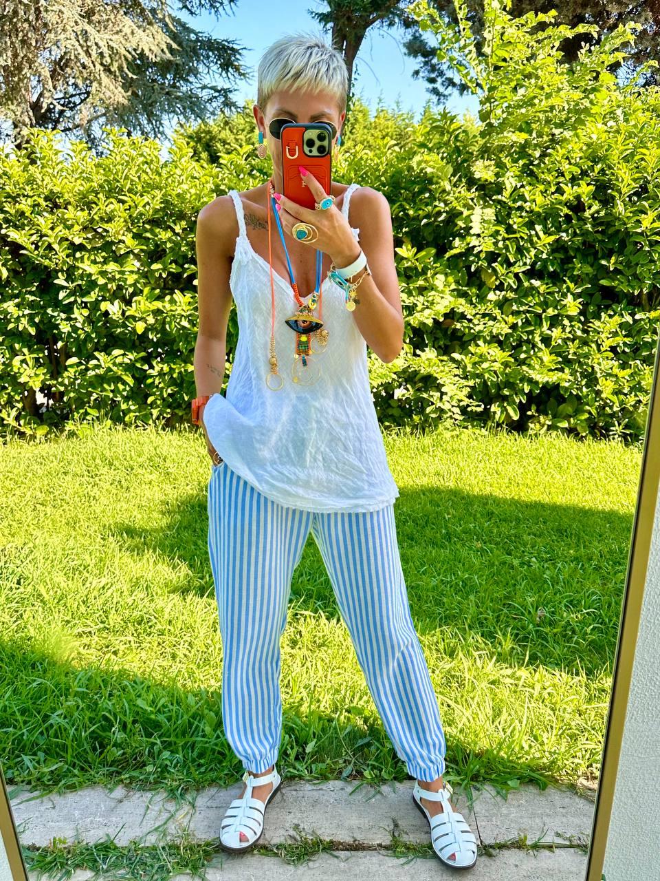 MAVİ ÇİZGİLİ KETEN JOGGER PANTOLON
