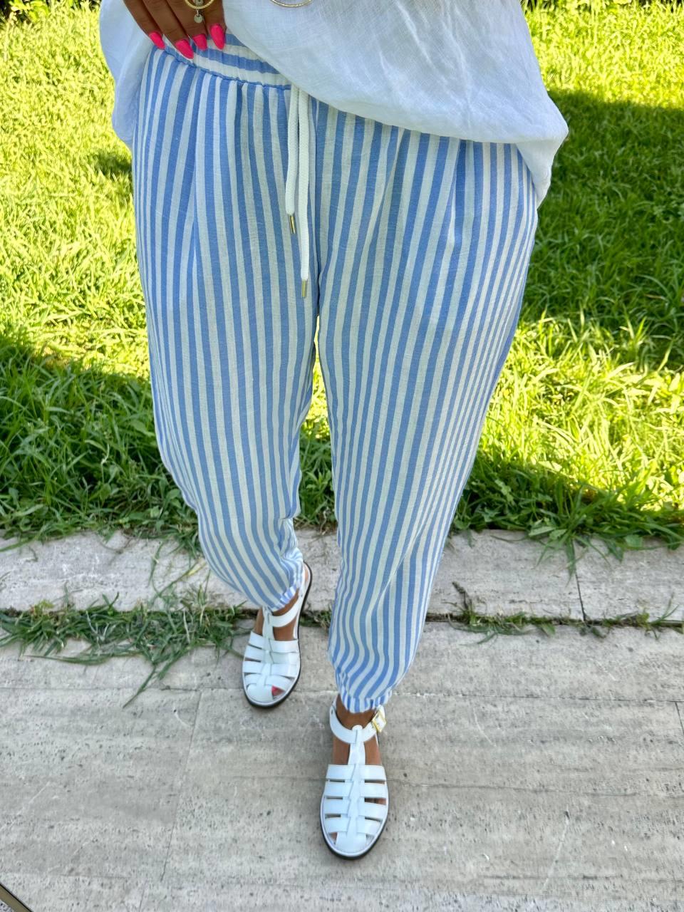 MAVİ ÇİZGİLİ KETEN JOGGER PANTOLON