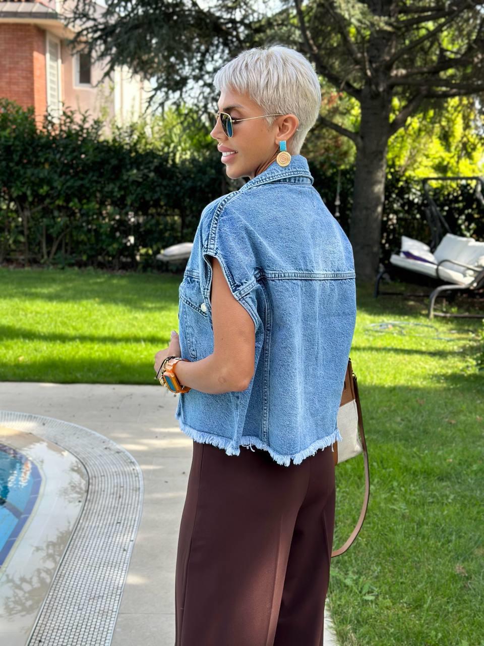 MAVİ DÜŞÜK OMUZ DENIM YELEK