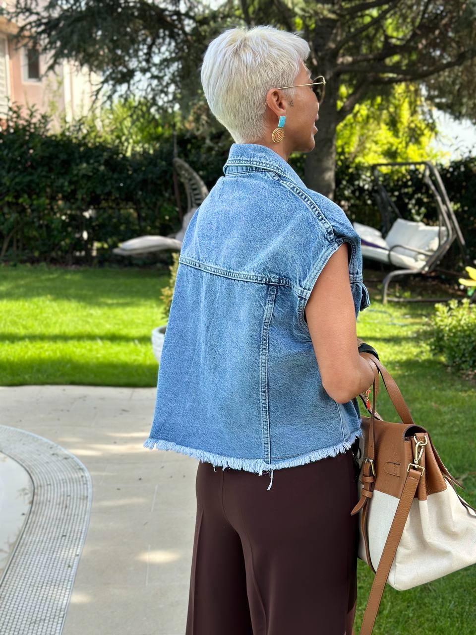 MAVİ DÜŞÜK OMUZ DENIM YELEK
