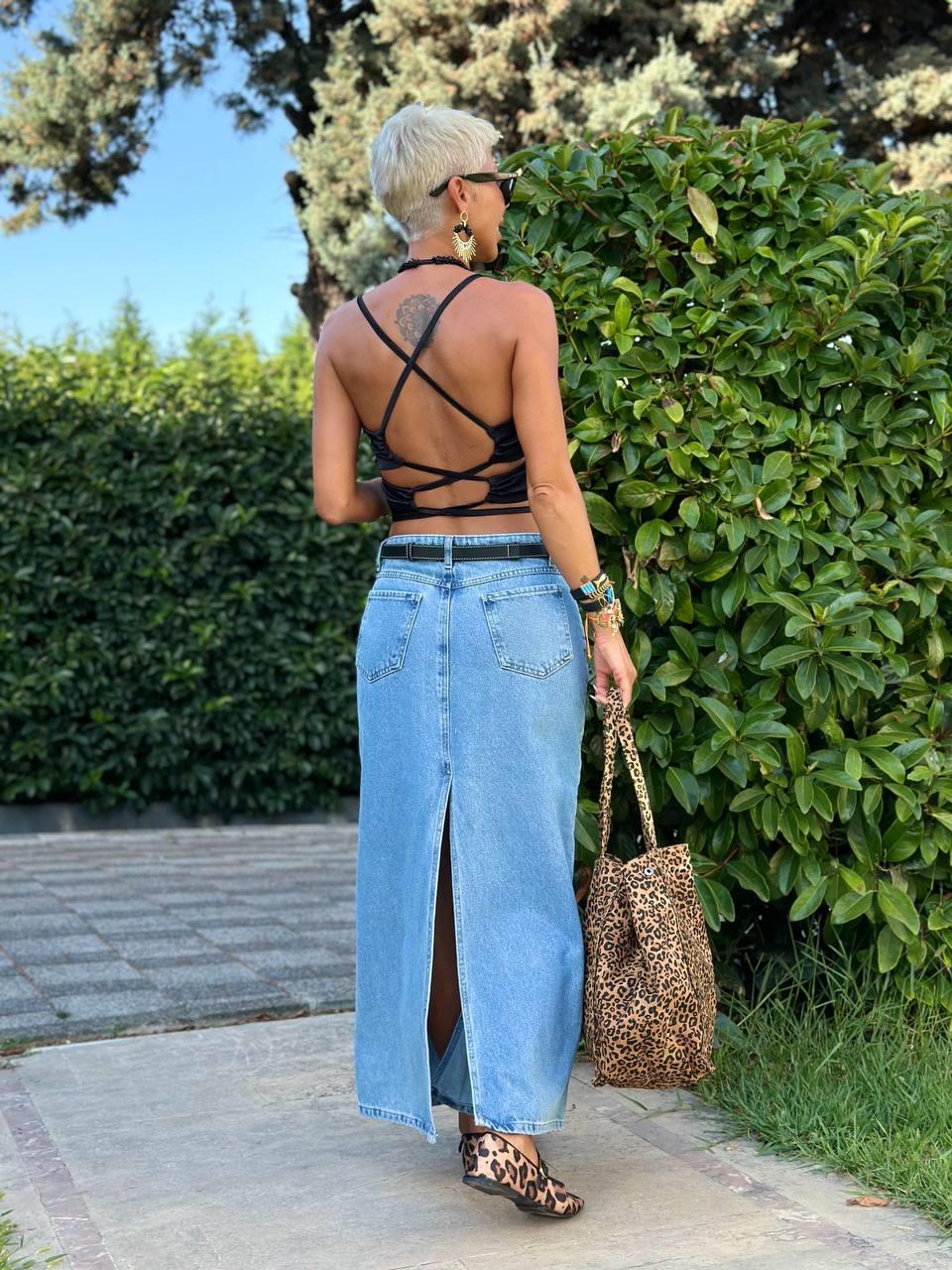 MAVİ ÖN ARKA YIRTMAÇLI DENIM ETEK