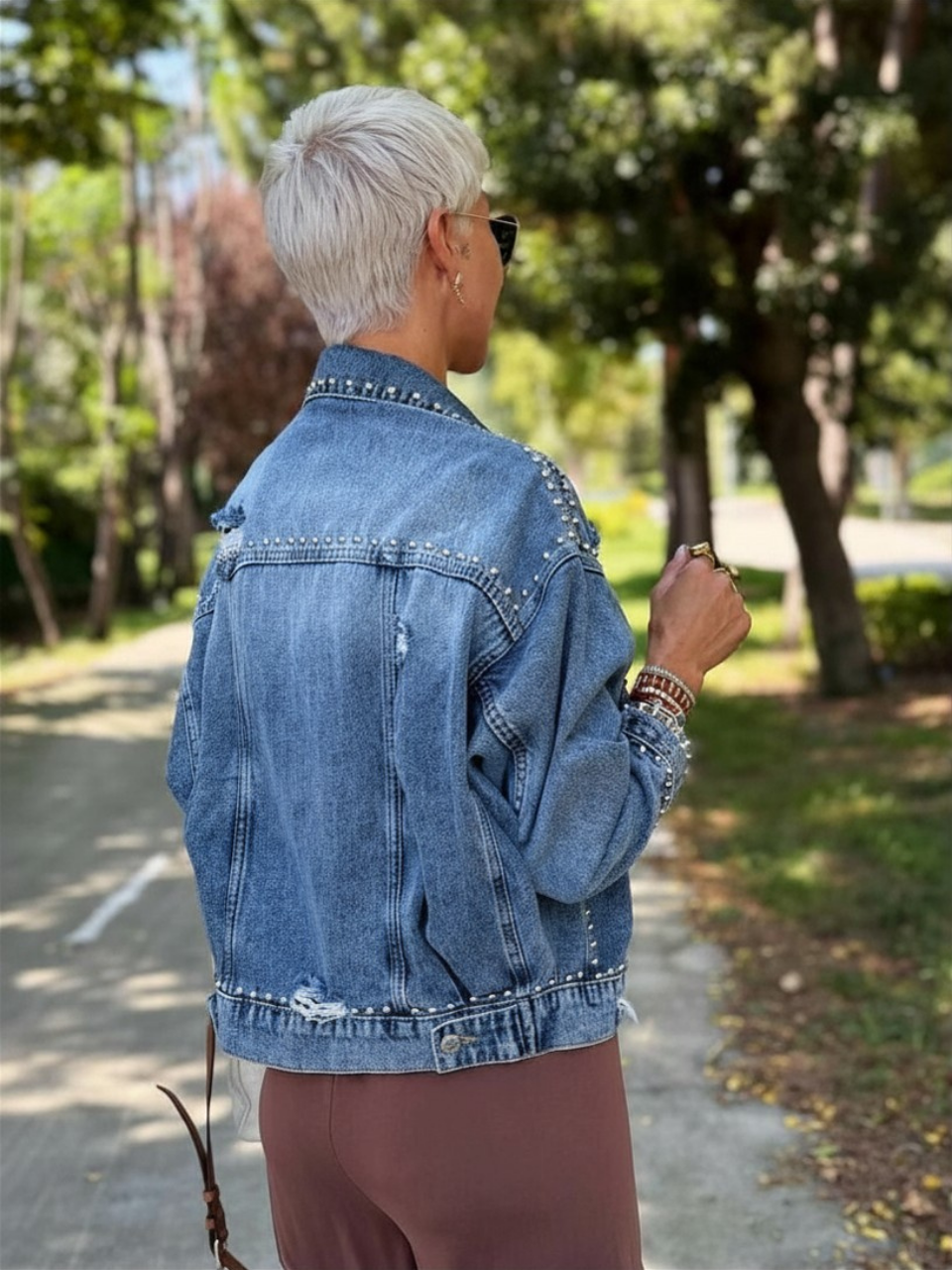BLUE S.STUDIO LASER-DESIGN DROPPED DENIM JACKET