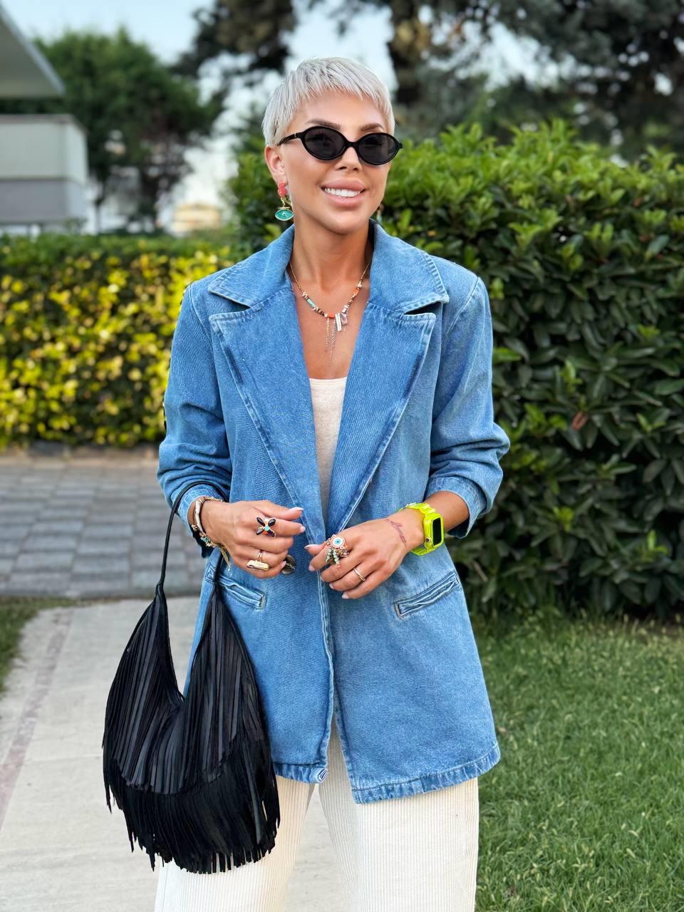 MAVİ VATKALI DENIM BLAZER CEKET