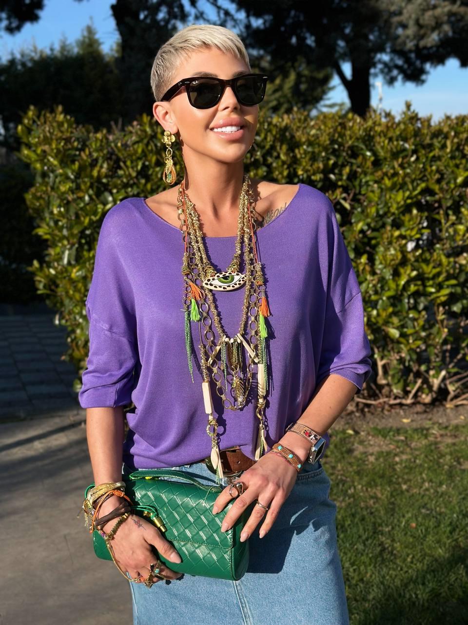 PURPLE BOAT-NECK MERCERIZED BLOUSE