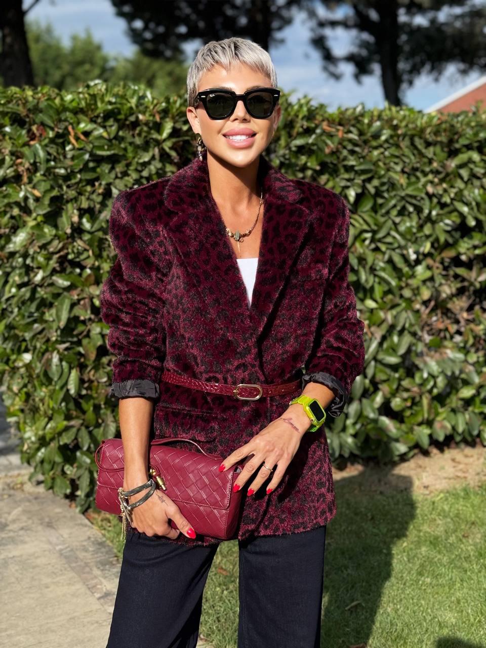 PLUM LEOPARD PRINT FAUX FUR JACKET WITH BELT