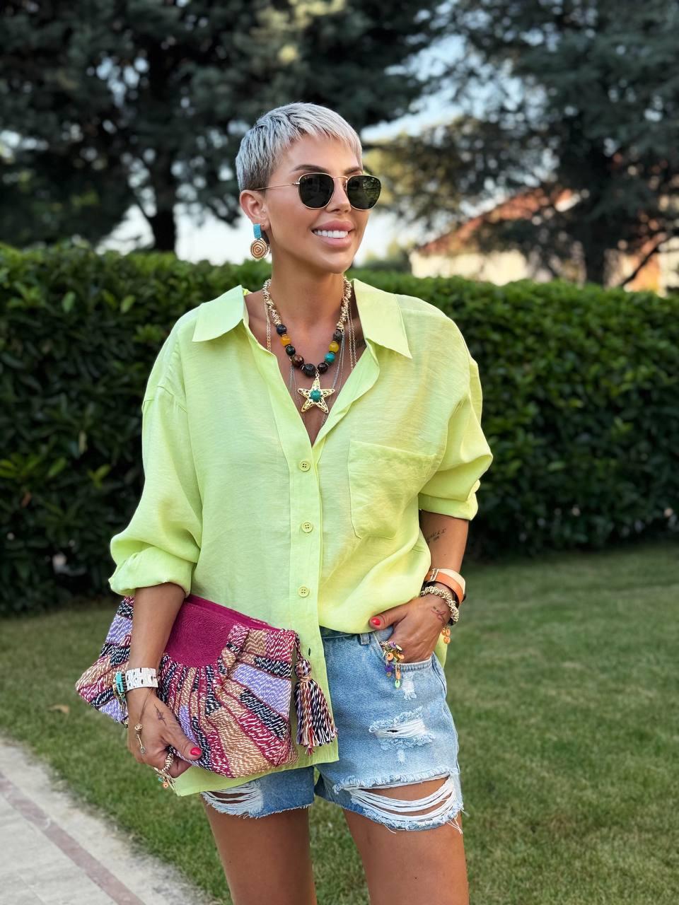 NEON YEŞİL OMZU DÜŞÜK OVERSIZE GÖMLEK 