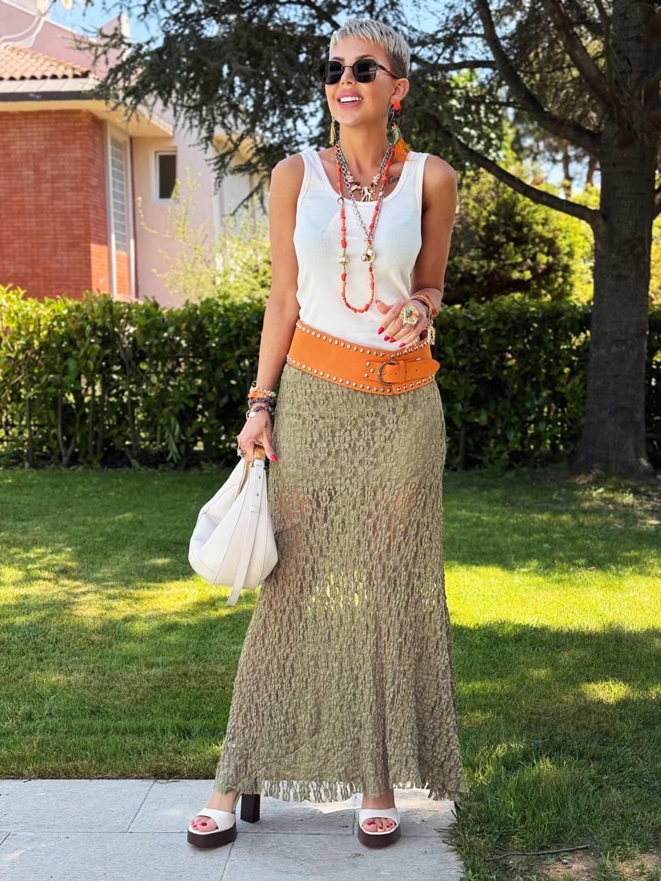 OLİVE ASTARLI MAXI DANTEL ETEK