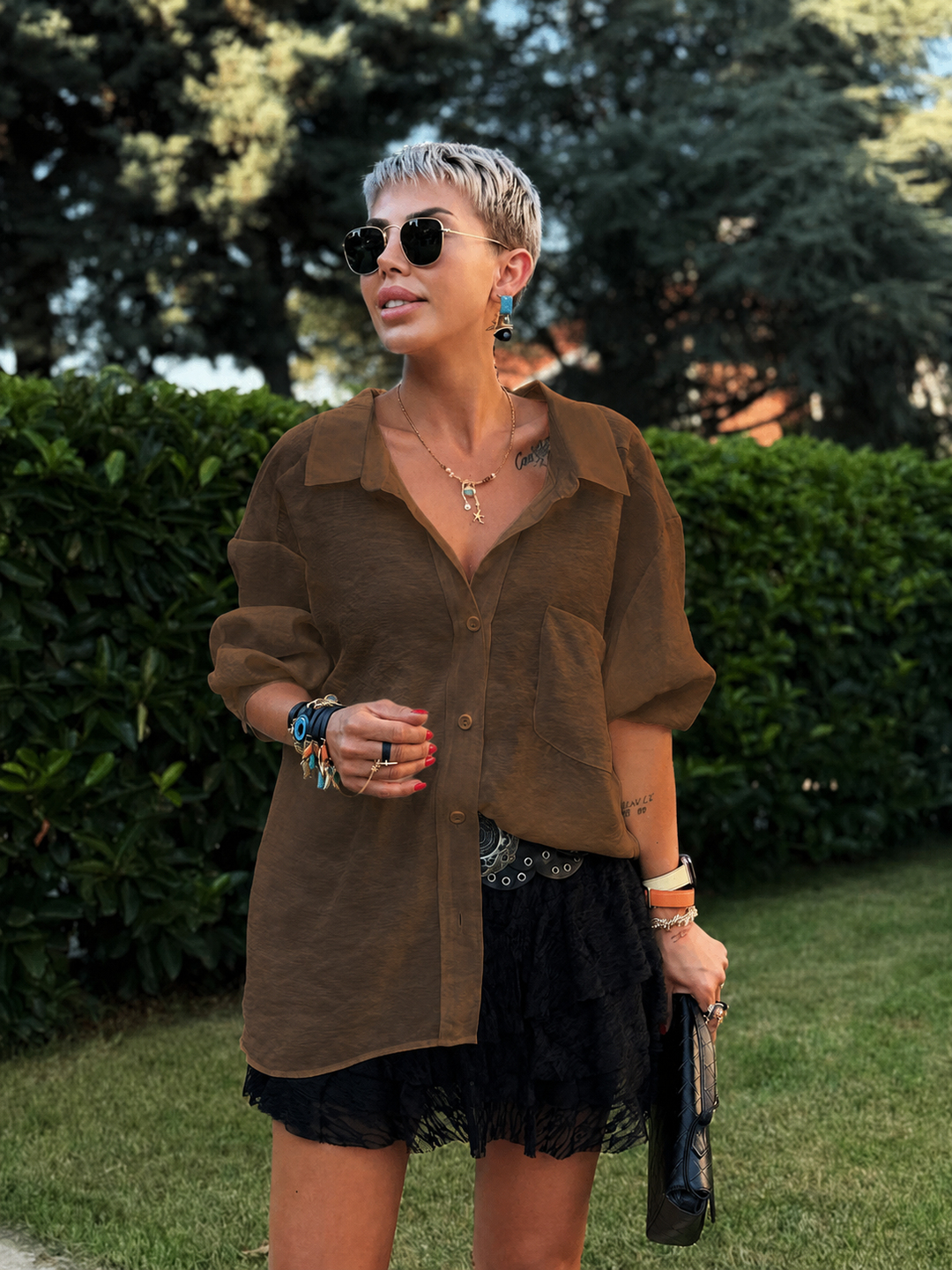 OMZU DÜŞÜK OVERSIZE GÖMLEK (KAHVE)