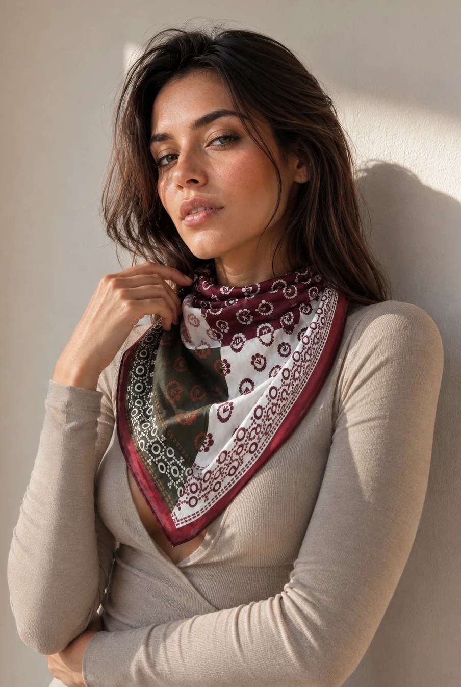 Patchwork Desenli Pamuk Fular Bordo