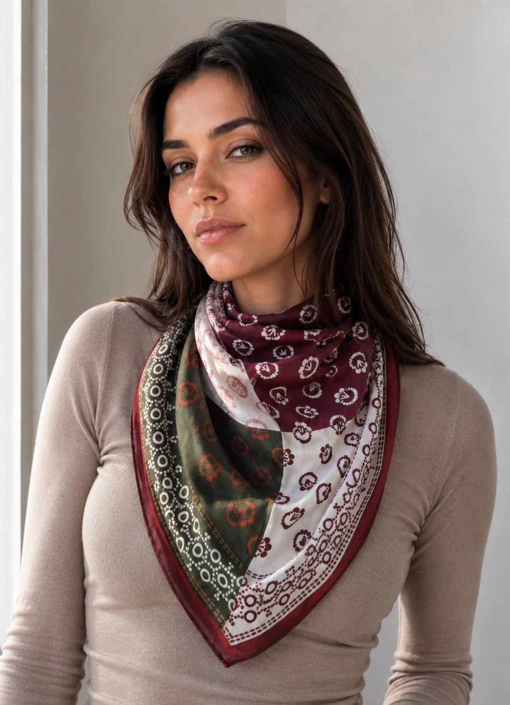 Patchwork Desenli Pamuk Fular Bordo