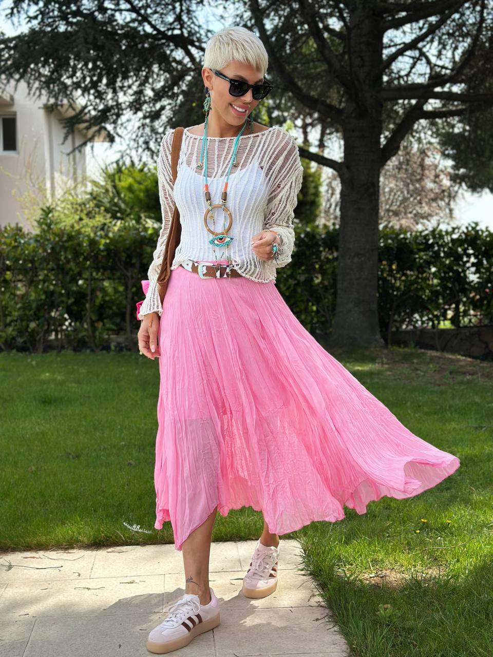 PEMBE ASTARLI ASİMETRİK TÜL ETEK