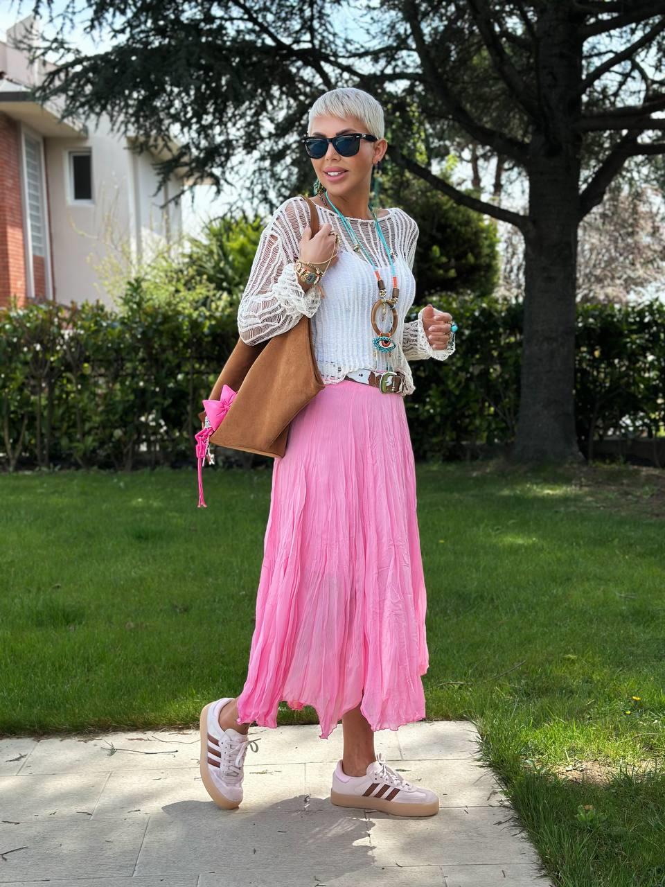 PEMBE ASTARLI ASİMETRİK TÜL ETEK