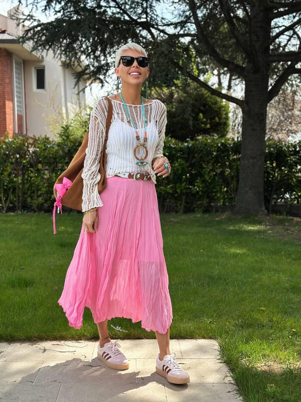 PEMBE ASTARLI ASİMETRİK TÜL ETEK