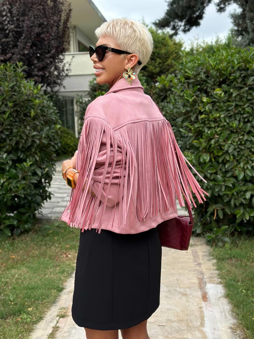 PEMBE PÜSKÜLLÜ GÜDERİ CEKET
