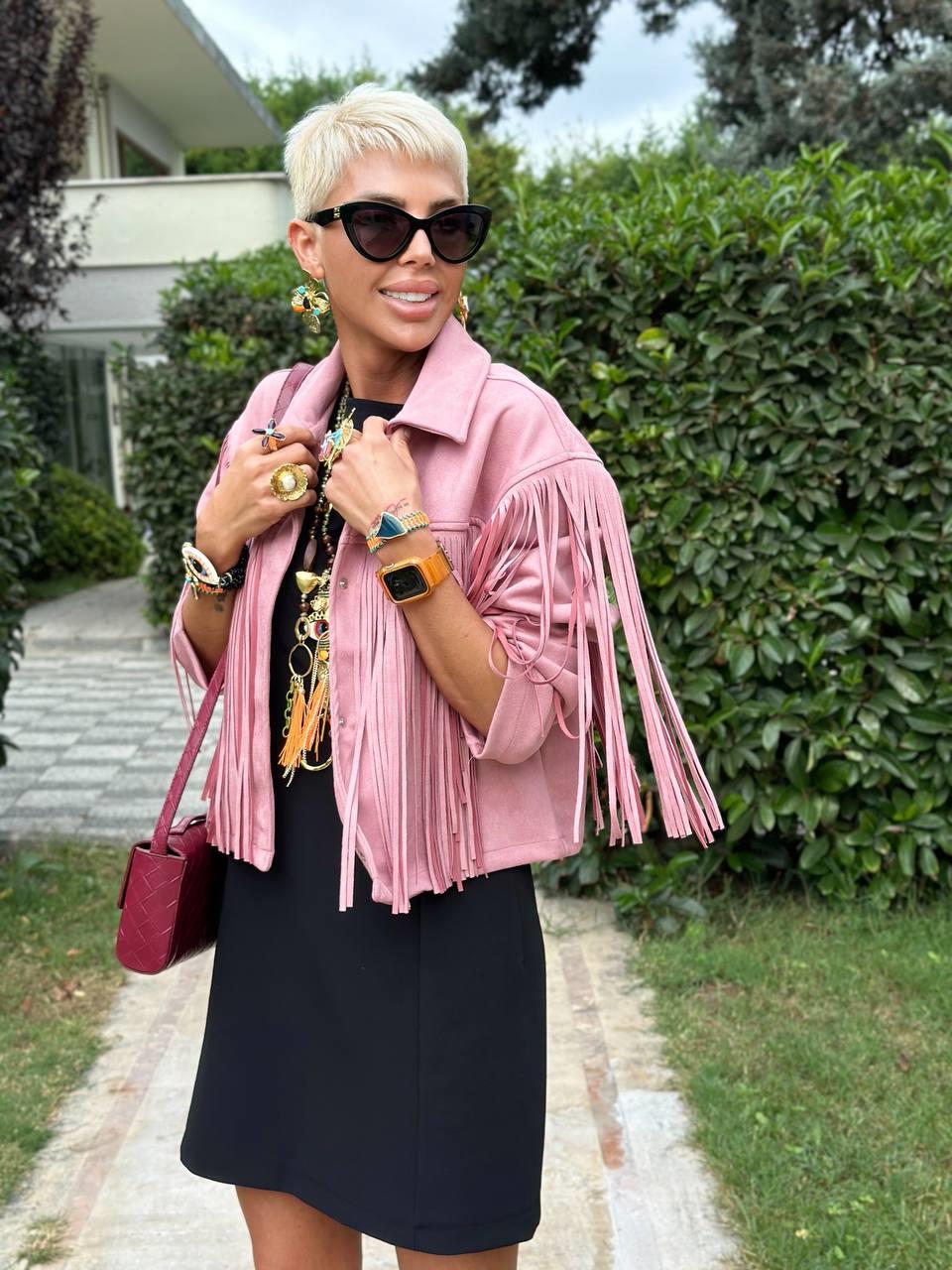 PEMBE PÜSKÜLLÜ GÜDERİ CEKET