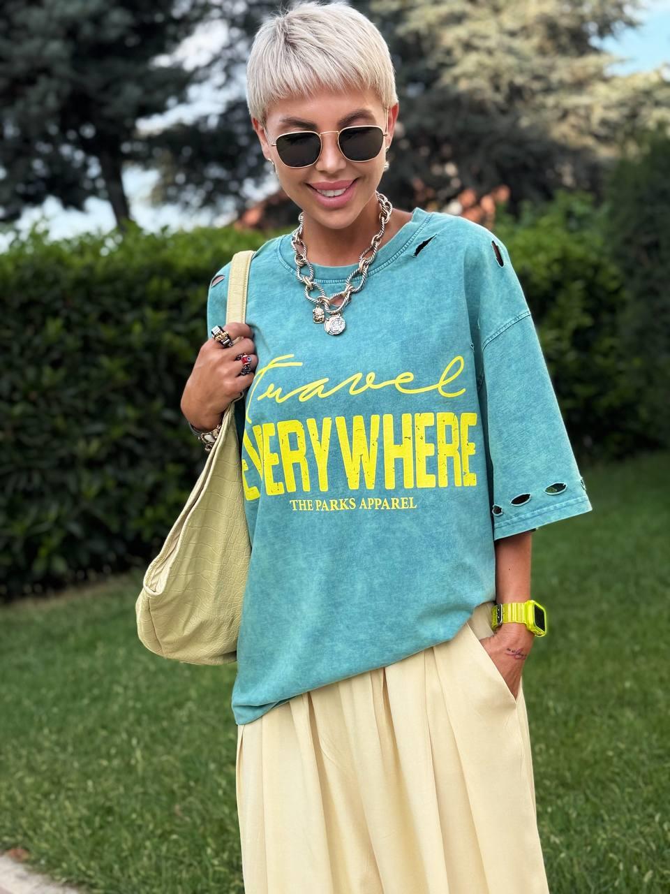 PETROL YIRTIKLI BASKILI OVERSIZE TSHIRT