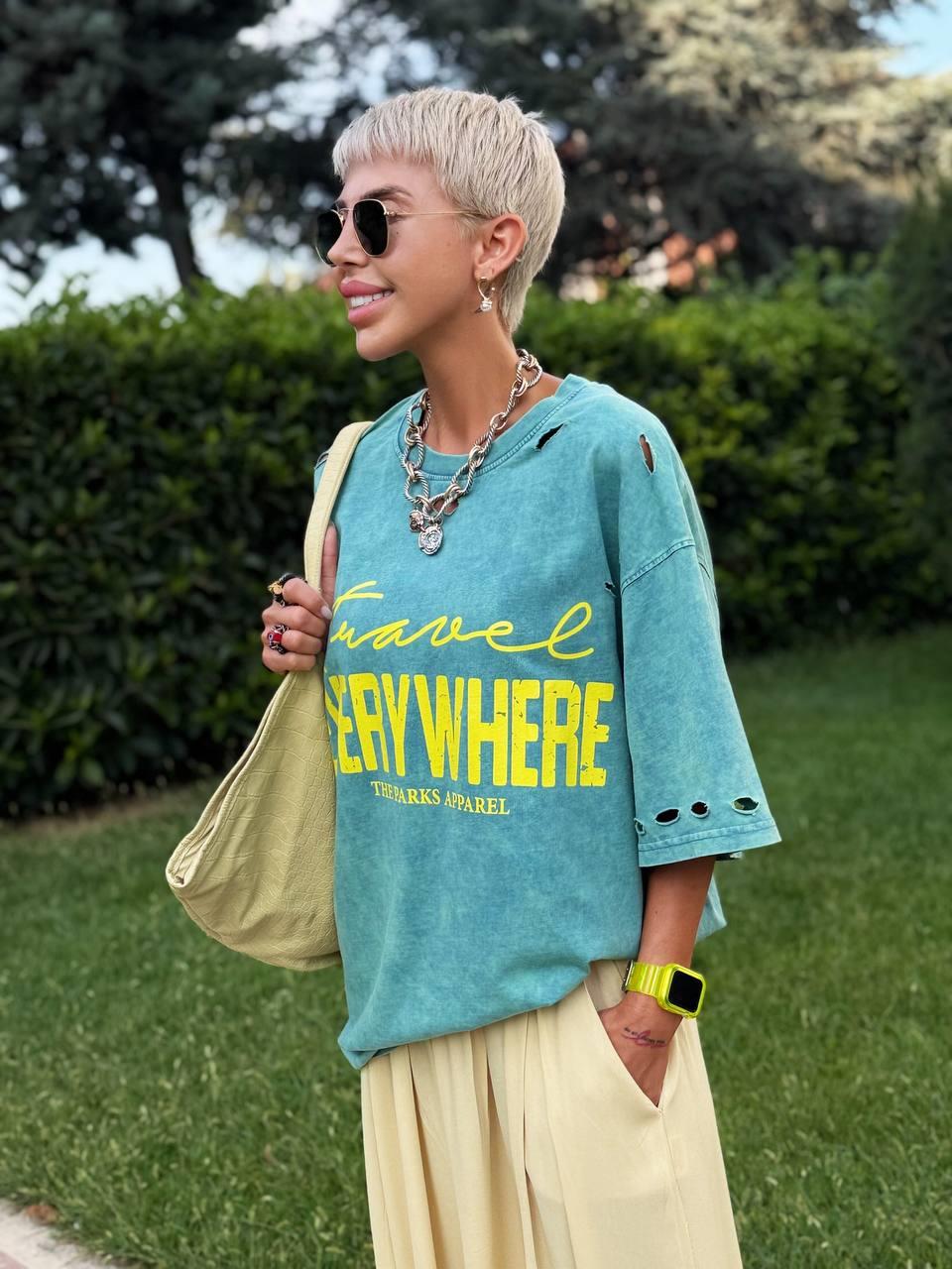 PETROL YIRTIKLI BASKILI OVERSIZE TSHIRT