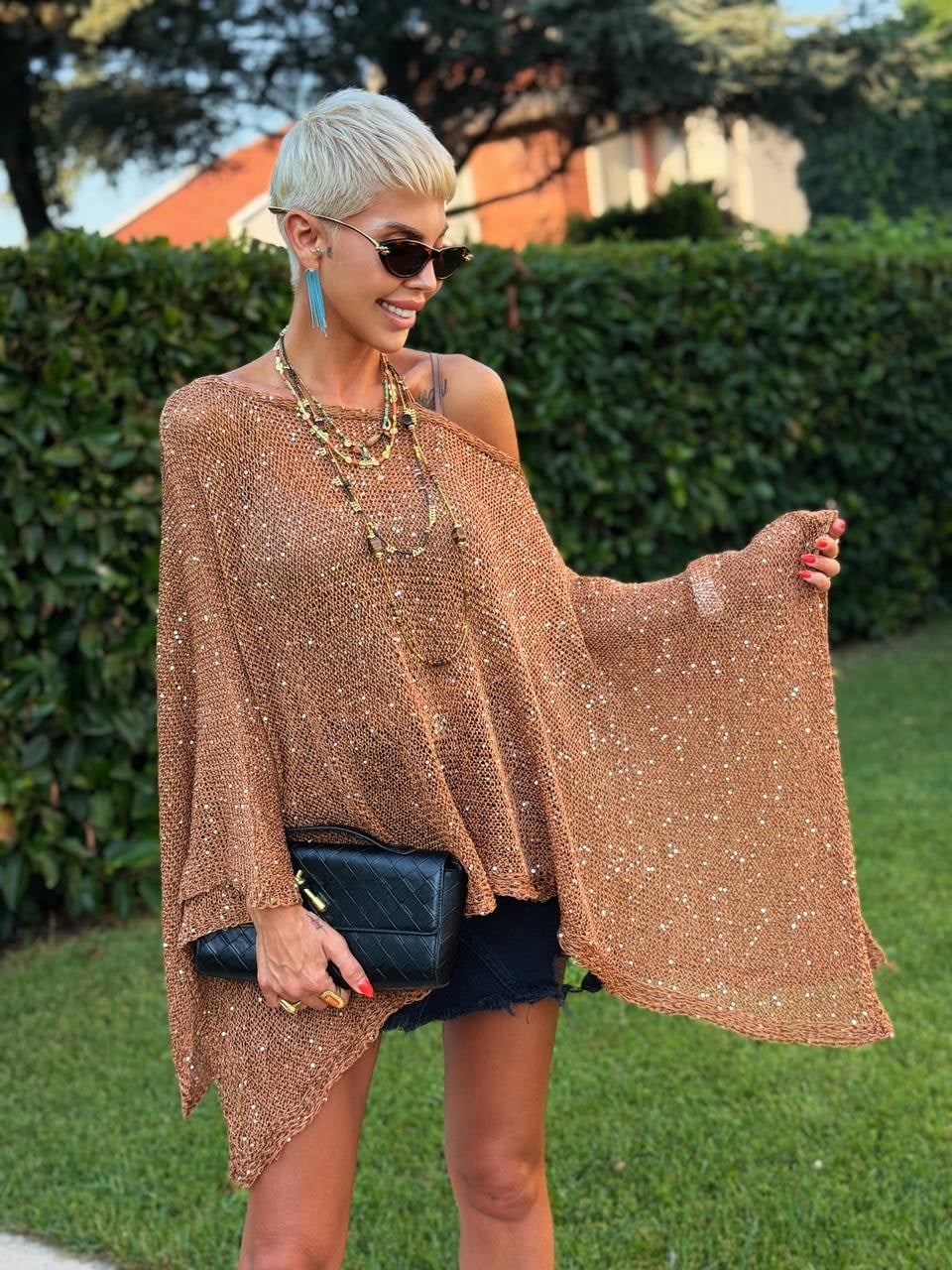 Pullu Asimetrik Kesim Pullu Panço Camel