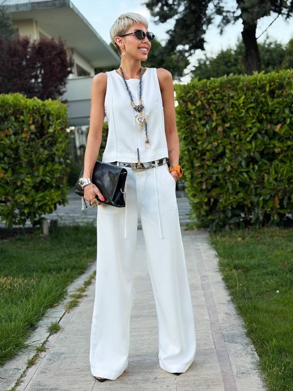 S.STUDIO BEYAZ TENSEL BAĞCIKLI PANTOLON BLUZ TAKIM