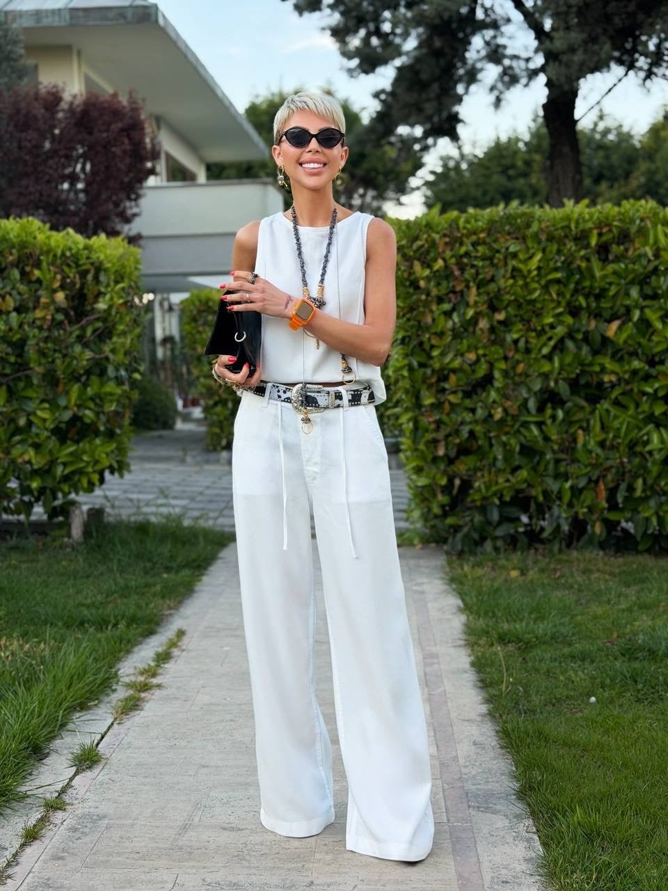 S.STUDIO BEYAZ TENSEL BAĞCIKLI PANTOLON BLUZ TAKIM