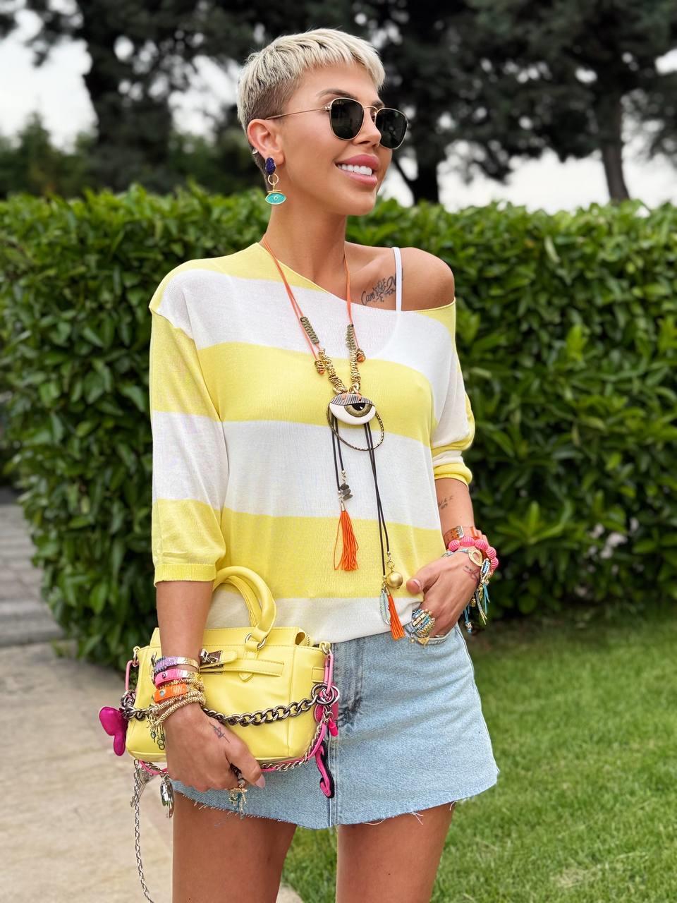 SARI BEYAZ KAYIK YAKA ÇİZGİLİ MERSERİZE