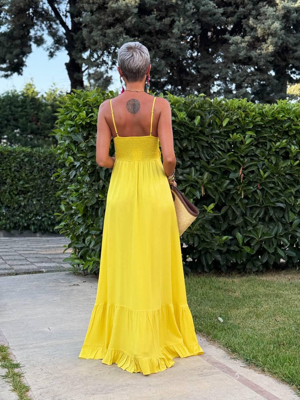 SARI DÜZ DESEN ASKILI ELBİSE